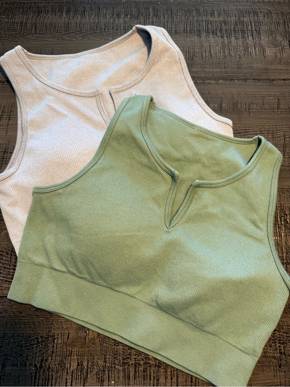 90° Ribbed Cotton Blend Tank Crop sports Bra Top - Sage Green and Light Grey XL